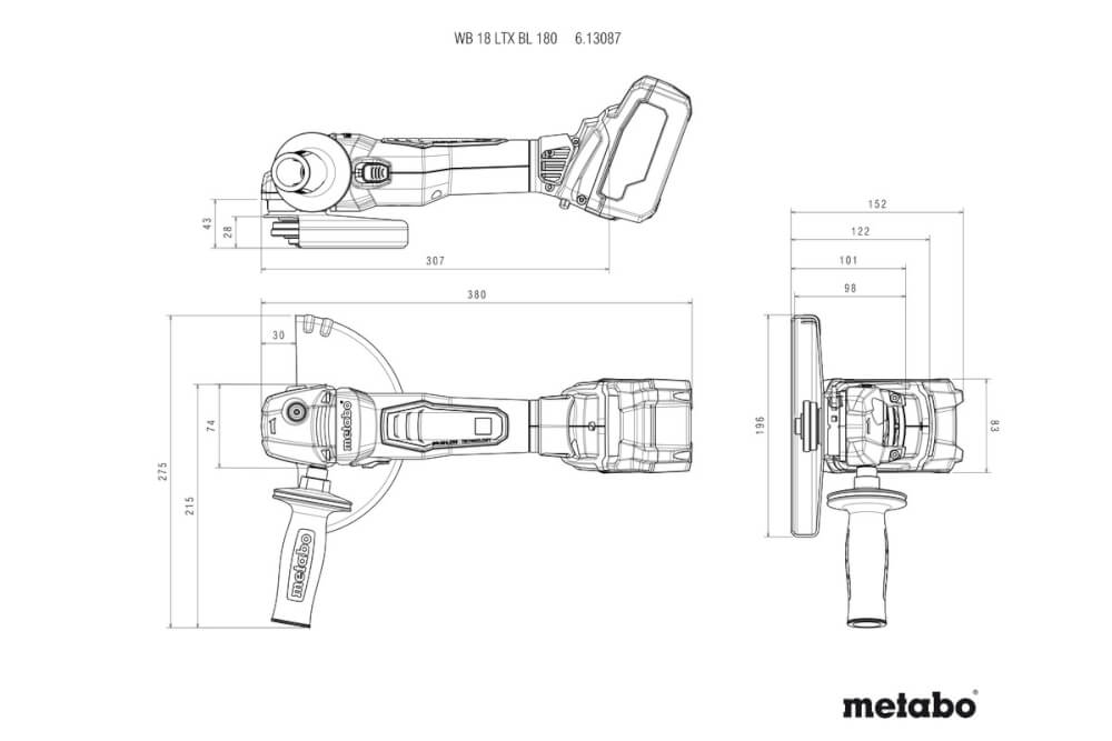 УШМ акк. Metabo WB 18 LTX BL 180 Metaloc (613087840) 18В, Без АКБ и ЗУ, Кейс